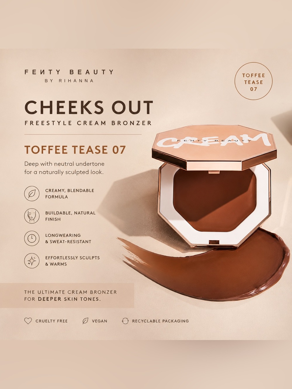 FENTY BEAUTY Cheeks Out Freestyle Cream Bronzer • Toffee Tease 07 • NEW in Box